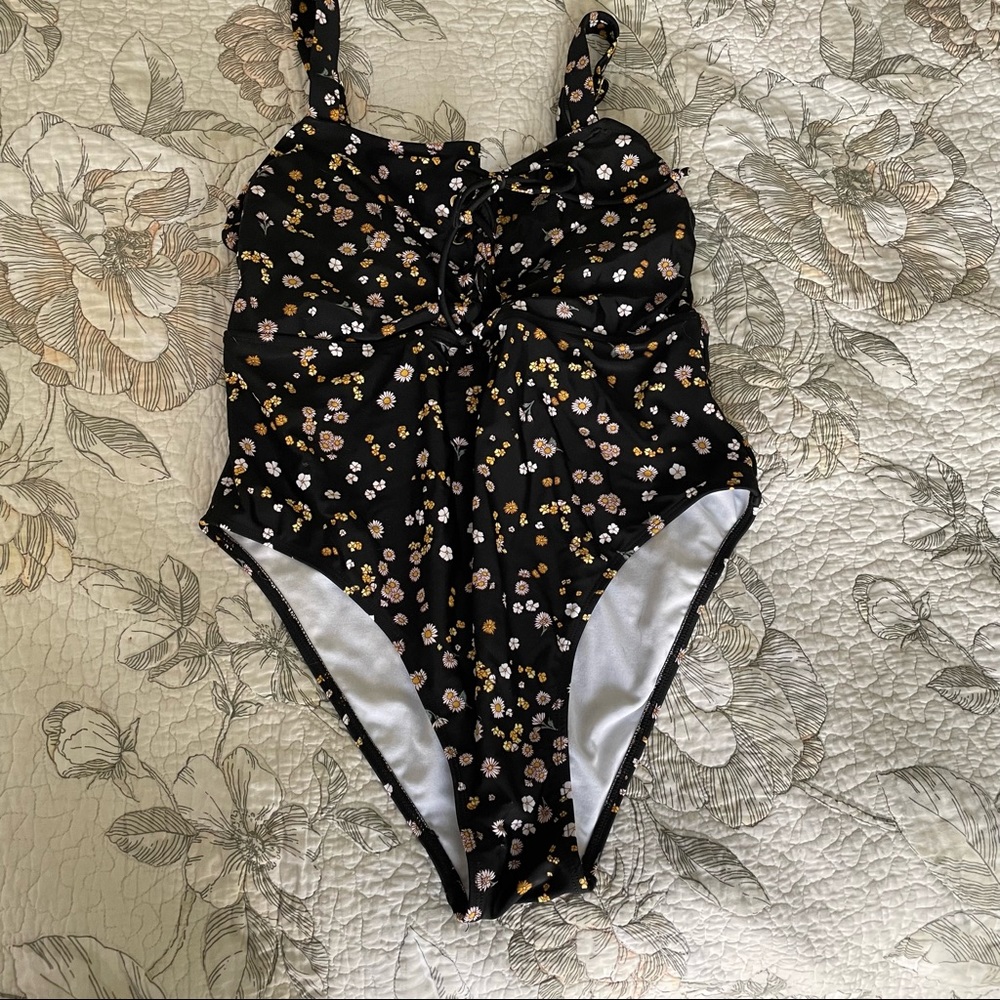 Xhiliration swimsuit one piece black floral XL
